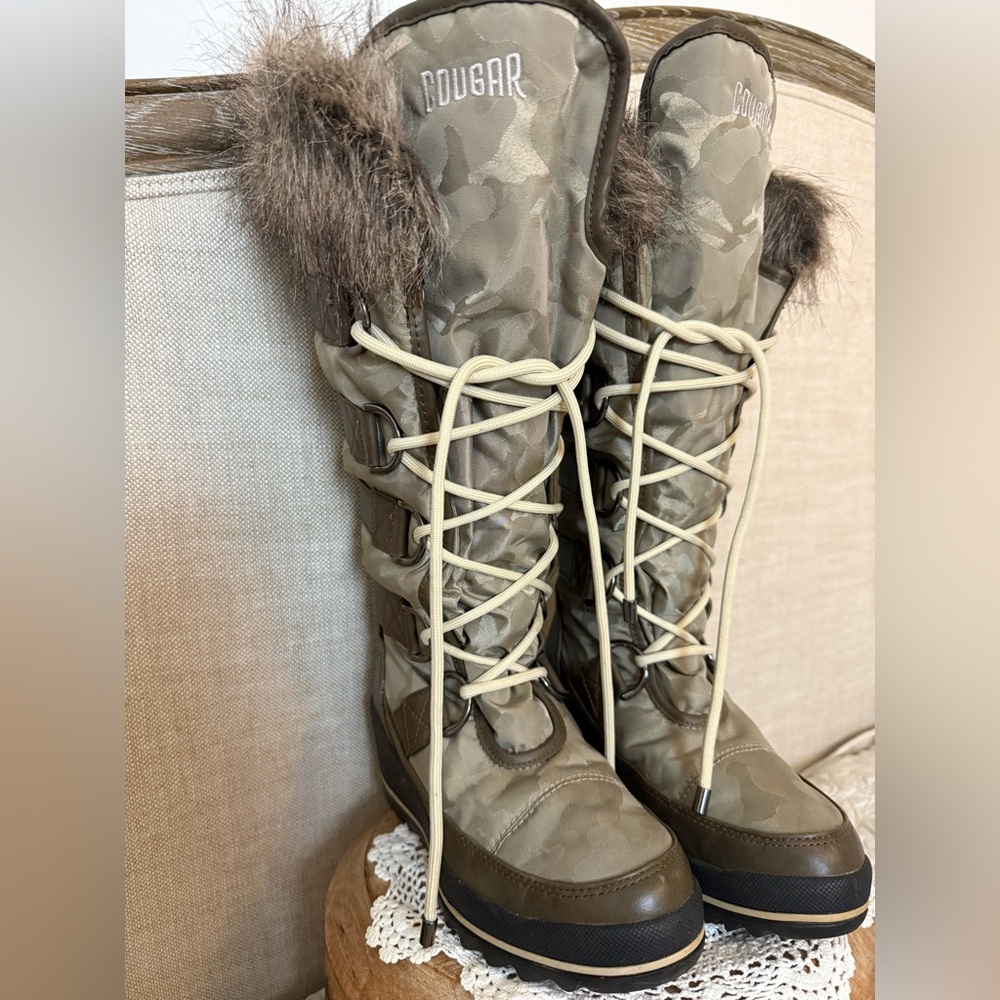 Cougar Tall Winter Boots | Faux Fur Trim | Barely Worn | Waterproof,small heel